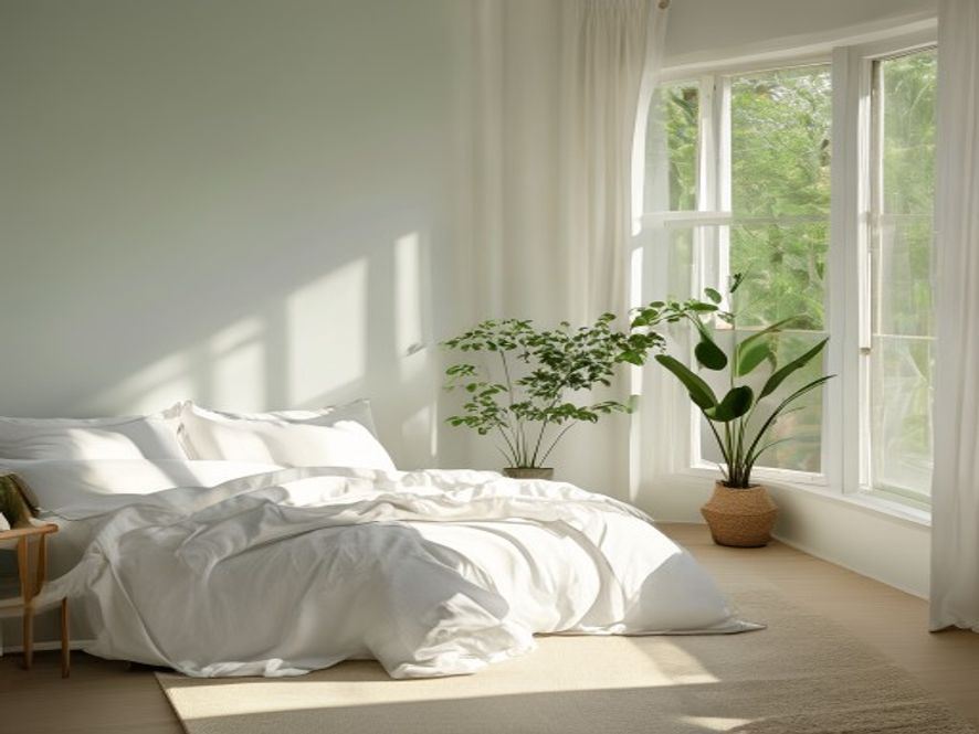 Minimalistisk sovrum med öppen fönsterväxt och dämpad belysning